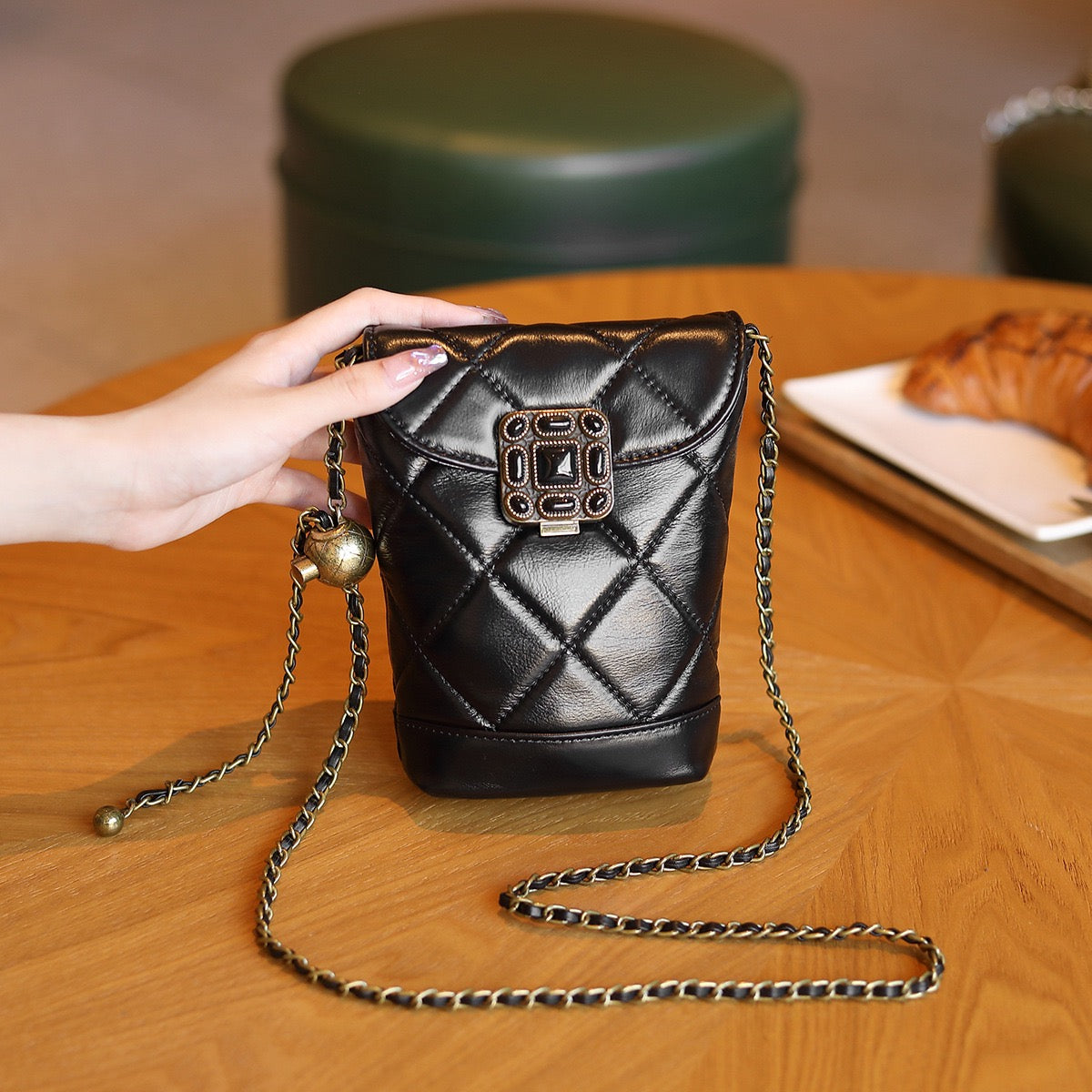 Women's Genuine Leather Quilted Mini Phone Bag with Gold Ball Chain