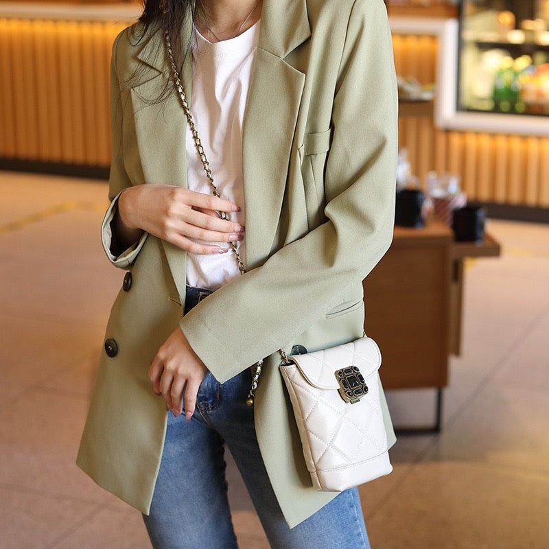 Women's Genuine Leather Quilted Mini Phone Bag with Gold Ball Chain