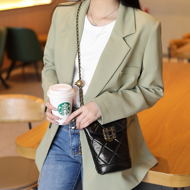 Women's Genuine Leather Quilted Mini Phone Bag with Gold Ball Chain
