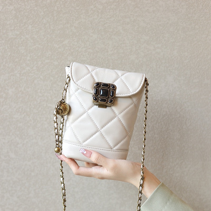Women's Genuine Leather Quilted Mini Phone Bag with Gold Ball Chain