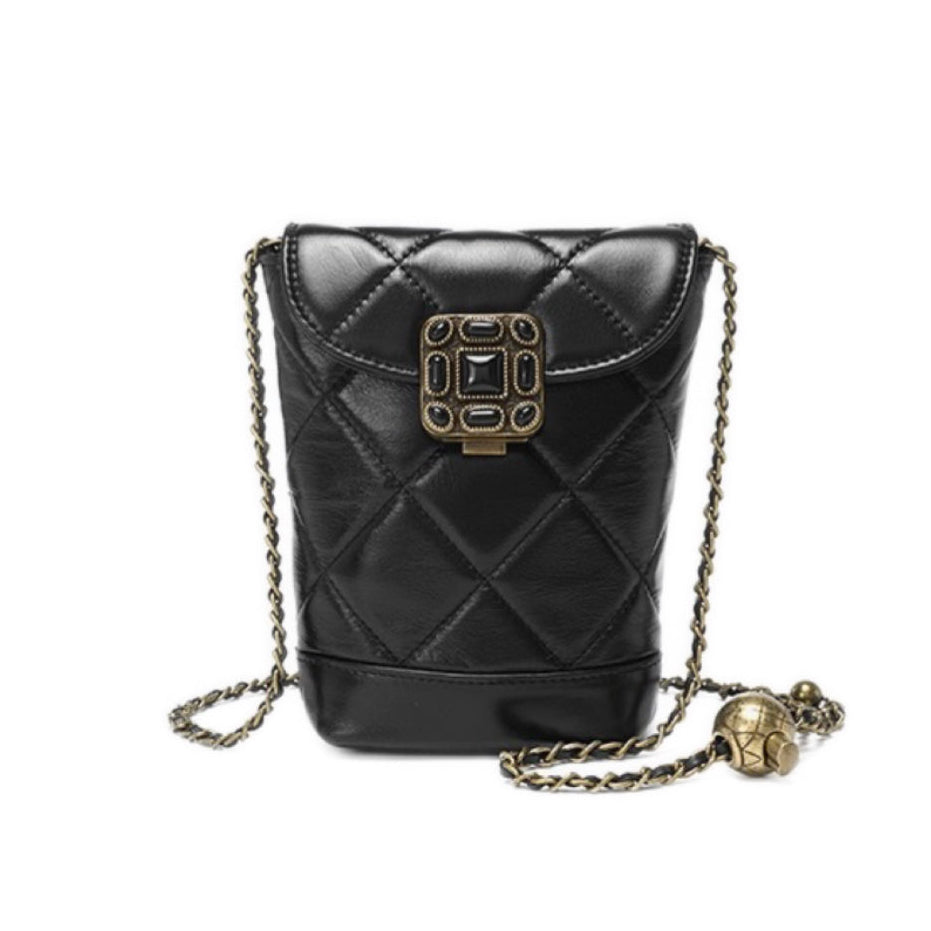 Women's Genuine Leather Quilted Mini Phone Bag with Gold Ball Chain