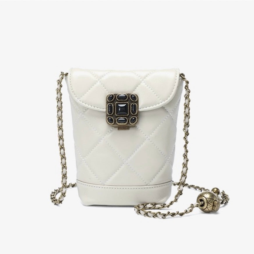 Women's Genuine Leather Quilted Mini Phone Bag with Gold Ball Chain