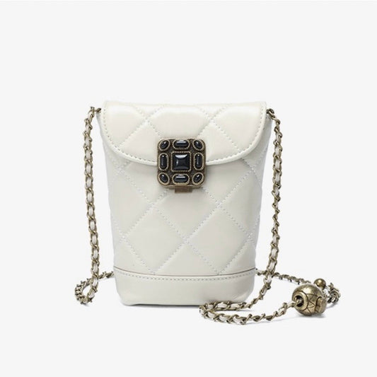 Women's Genuine Leather Quilted Mini Phone Bag with Gold Ball Chain