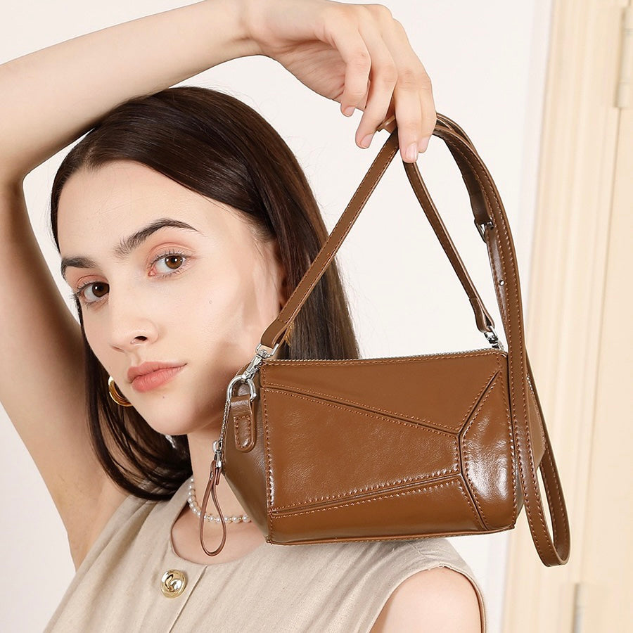 Women's Genuine Leather Geometric Patchwork Crossbody Bag