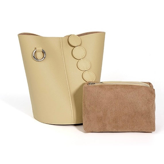 Women's Genuine Leather Cylindrical Bucket Bag with Adjustable Strap