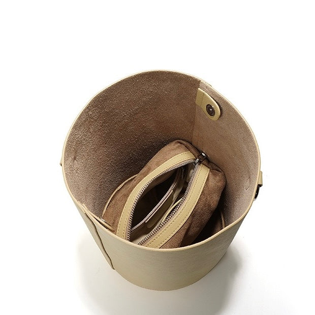 Women's Genuine Leather Cylindrical Bucket Bag with Adjustable Strap