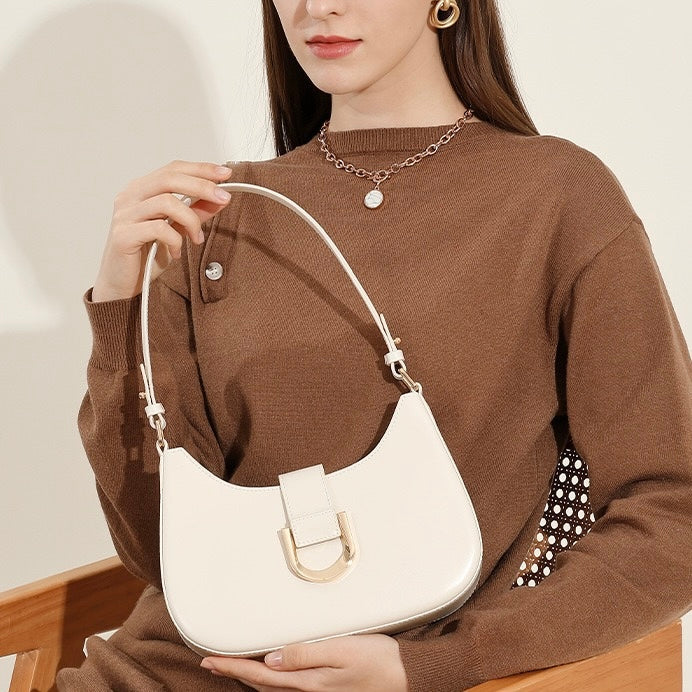 Women's Genuine Leather Soft Baguette Shoulder Bag with Top Handle