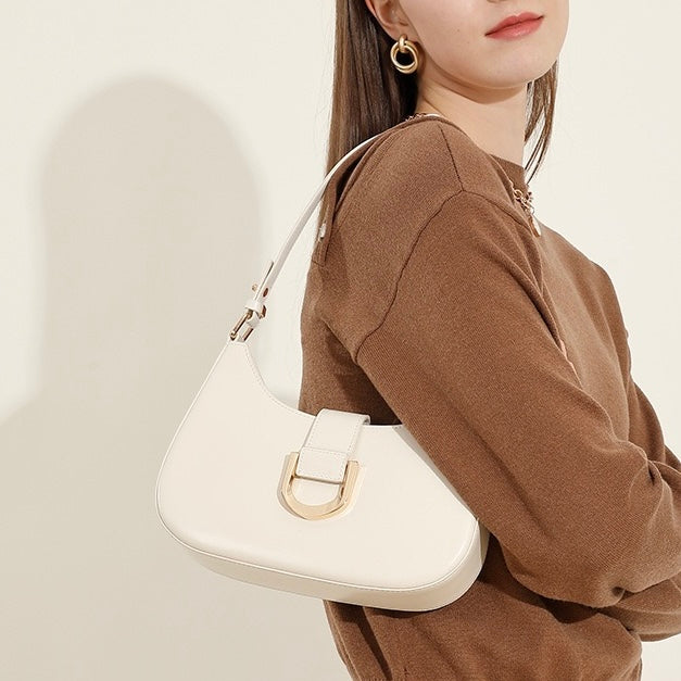 Women's Genuine Leather Soft Baguette Shoulder Bag with Top Handle