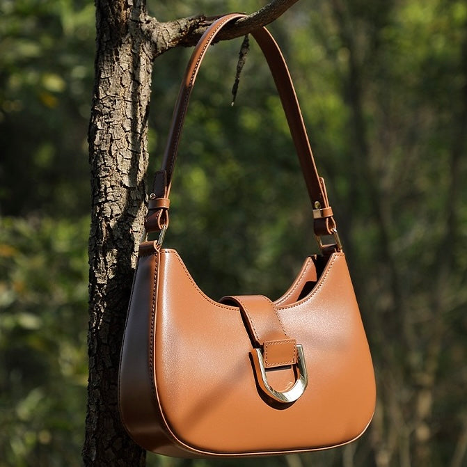 Women's Genuine Leather Soft Baguette Shoulder Bag with Top Handle