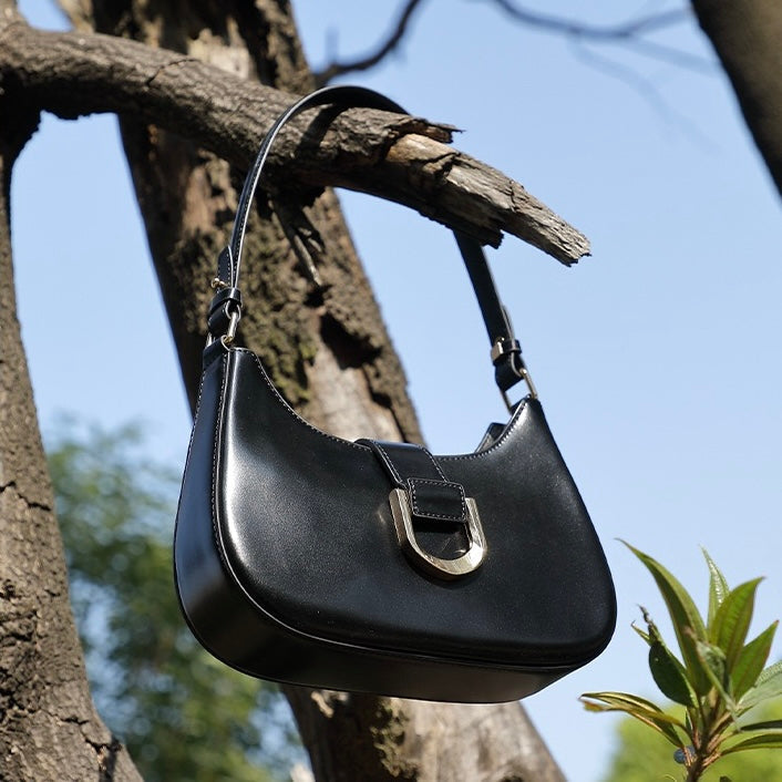 Women's Genuine Leather Soft Baguette Shoulder Bag with Top Handle