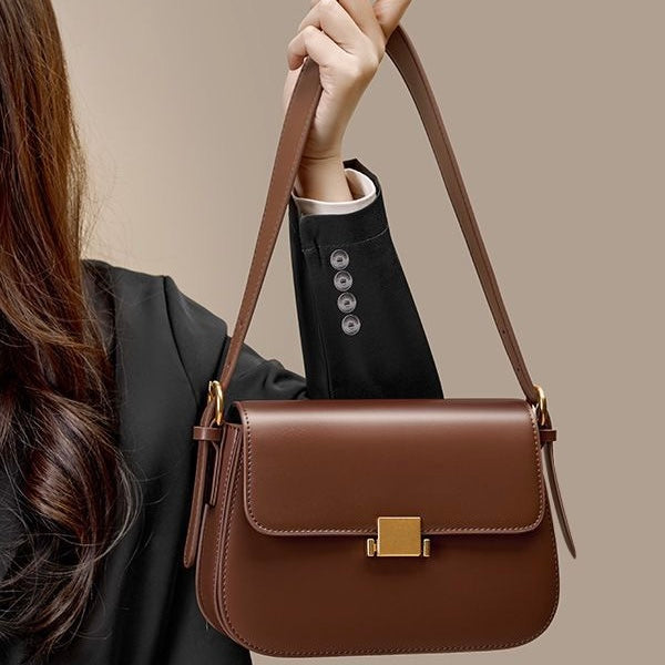 Women's Genuine Leather Minimalist Lock Buckle Crossbody Bag
