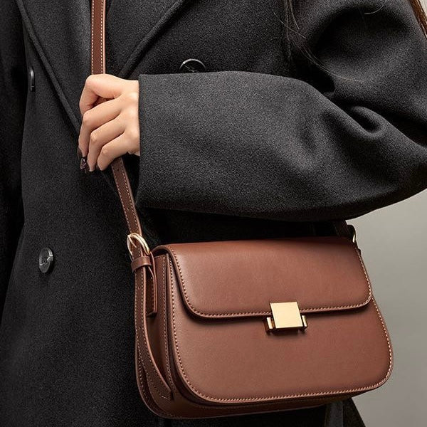 Women's Genuine Leather Minimalist Lock Buckle Crossbody Bag