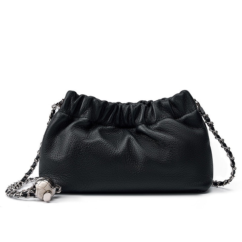 Women's Genuine Leather Cloud Pleated Shoulder Crossbody Bag with Chain Strap