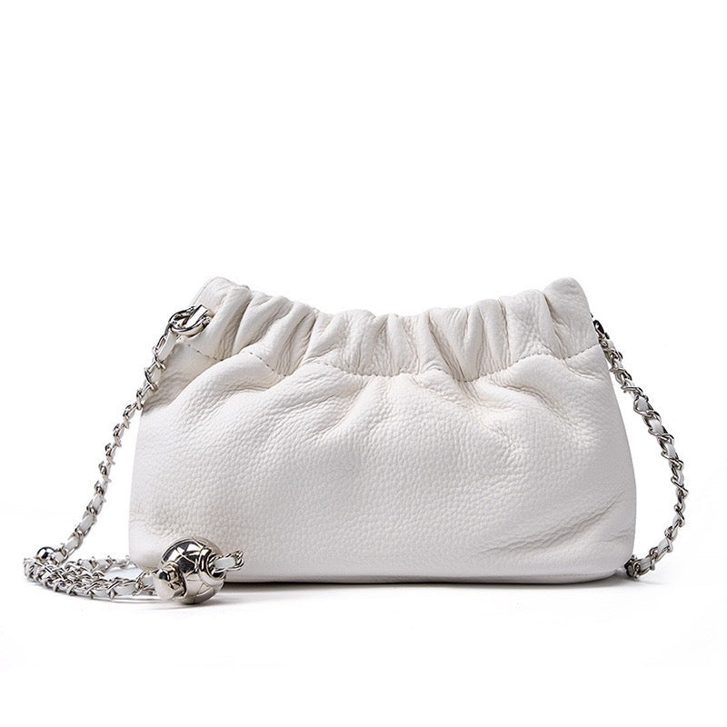 Women's Genuine Leather Cloud Pleated Shoulder Crossbody Bag with Chain Strap