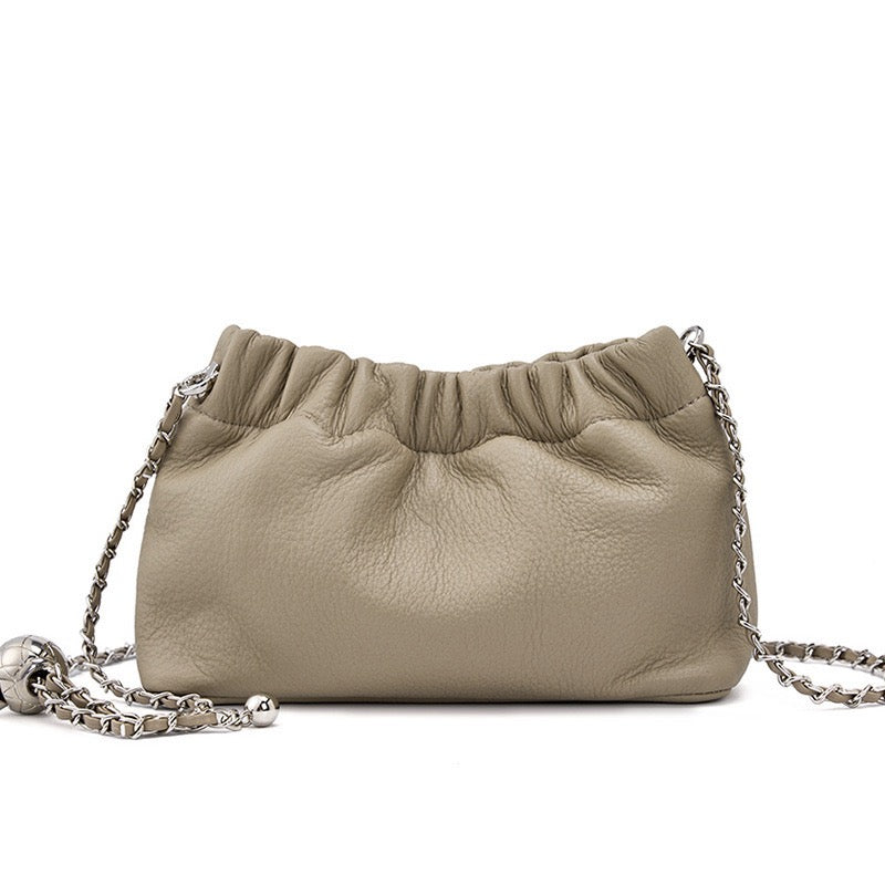 Women's Genuine Leather Cloud Pleated Shoulder Crossbody Bag with Chain Strap
