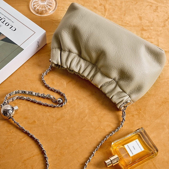 Women's Genuine Leather Cloud Pleated Shoulder Crossbody Bag with Chain Strap