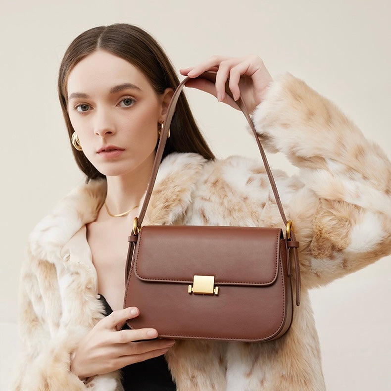 Women's Genuine Leather Minimalist Lock Buckle Crossbody Bag