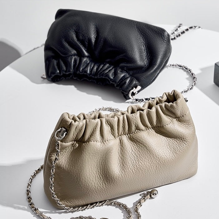 Women's Genuine Leather Cloud Pleated Shoulder Crossbody Bag with Chain Strap