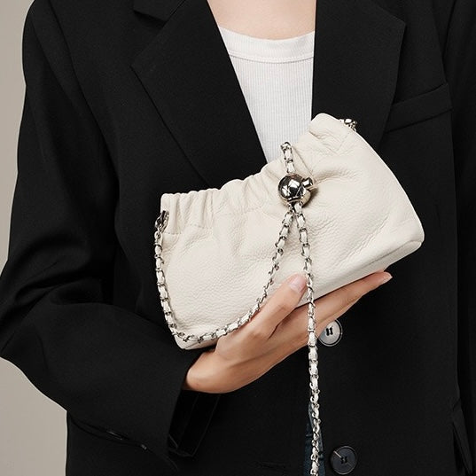 Women's Genuine Leather Cloud Pleated Shoulder Crossbody Bag with Chain Strap
