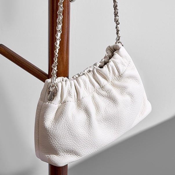 Women's Genuine Leather Cloud Pleated Shoulder Crossbody Bag with Chain Strap