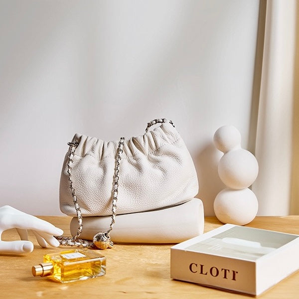 Women's Genuine Leather Cloud Pleated Shoulder Crossbody Bag with Chain Strap