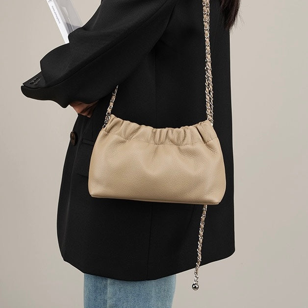 Women's Genuine Leather Cloud Pleated Shoulder Crossbody Bag with Chain Strap