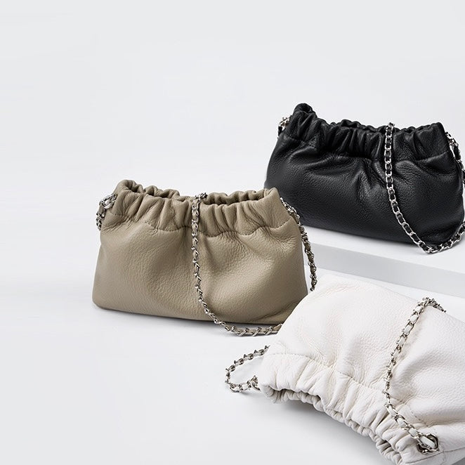Women's Genuine Leather Cloud Pleated Shoulder Crossbody Bag with Chain Strap