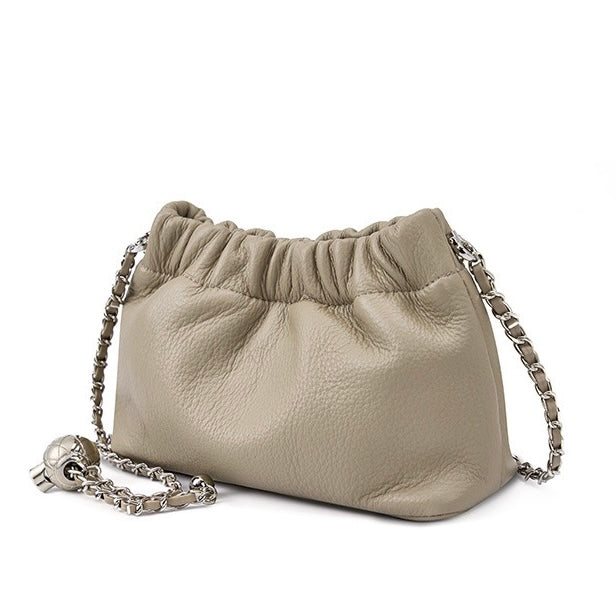 Women's Genuine Leather Cloud Pleated Shoulder Crossbody Bag with Chain Strap