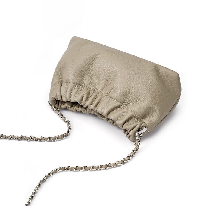 Women's Genuine Leather Cloud Pleated Shoulder Crossbody Bag with Chain Strap