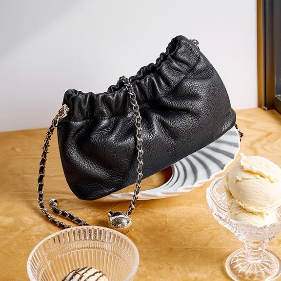 Women's Genuine Leather Cloud Pleated Shoulder Crossbody Bag with Chain Strap