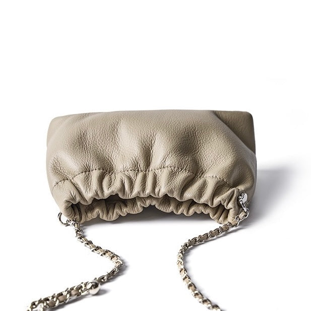 Women's Genuine Leather Cloud Pleated Shoulder Crossbody Bag with Chain Strap