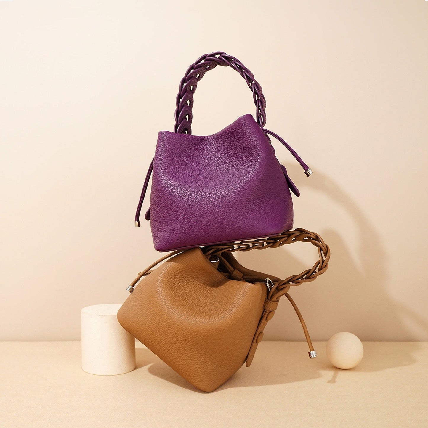 Women's Genuine Leather Bucket Bag with Drawstring Closure and Crossbody Strap