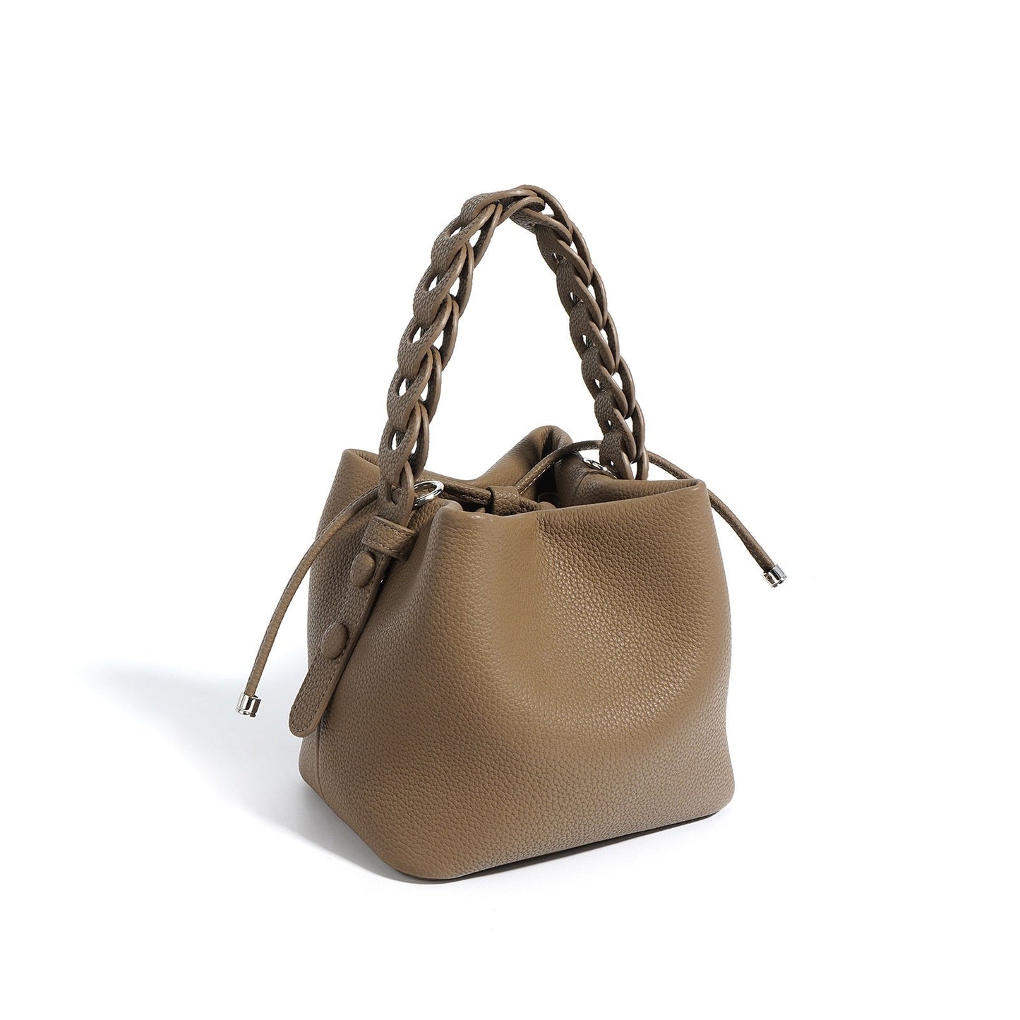 Women's Genuine Leather Bucket Bag with Drawstring Closure and Crossbody Strap