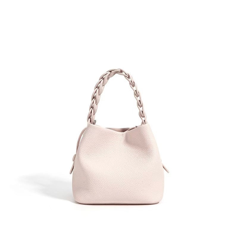 Women's Genuine Leather Bucket Bag with Drawstring Closure and Crossbody Strap