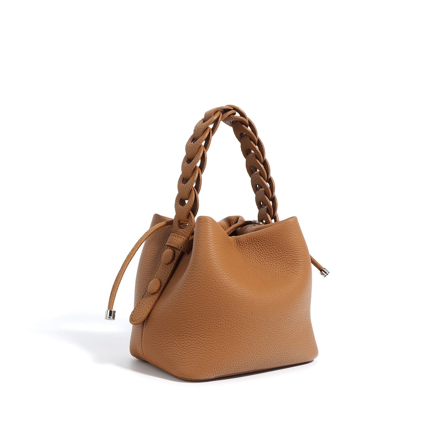 Women's Genuine Leather Bucket Bag with Drawstring Closure and Crossbody Strap
