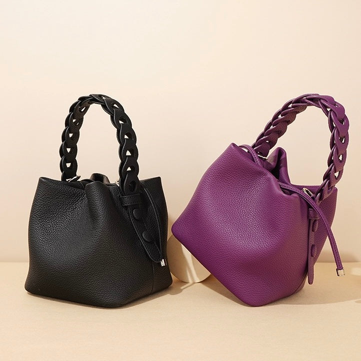 Women's Genuine Leather Bucket Bag with Drawstring Closure and Crossbody Strap