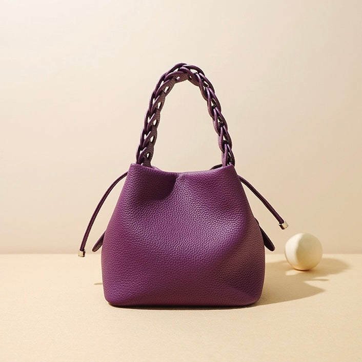 Women's Genuine Leather Bucket Bag with Drawstring Closure and Crossbody Strap