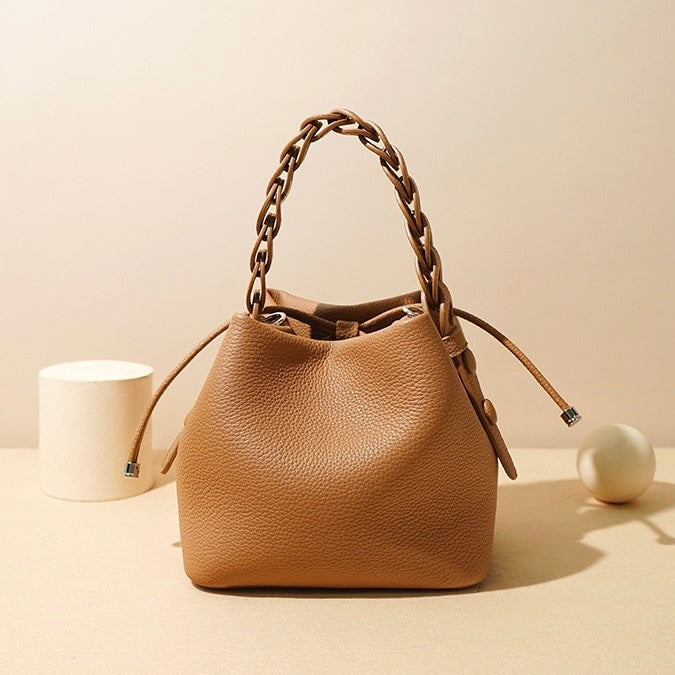 Women's Genuine Leather Bucket Bag with Drawstring Closure and Crossbody Strap