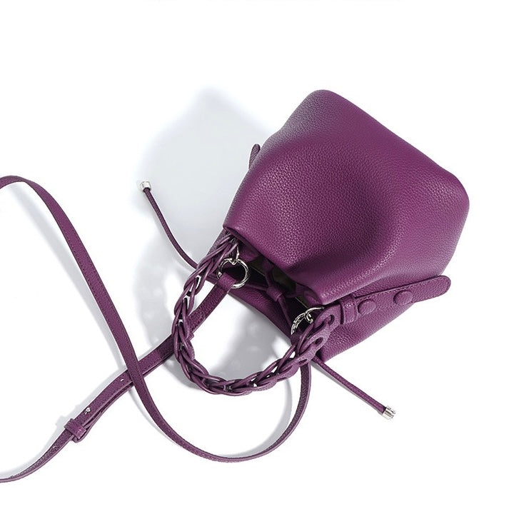 Women's Genuine Leather Bucket Bag with Drawstring Closure and Crossbody Strap