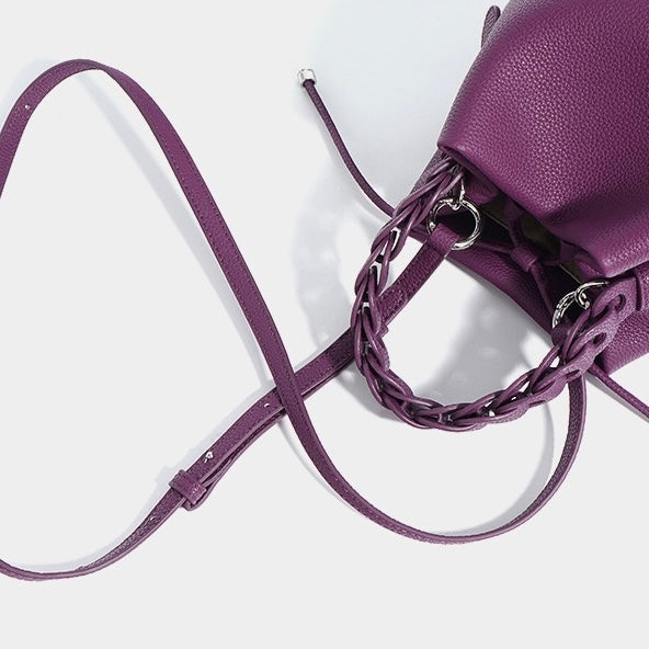 Women's Genuine Leather Bucket Bag with Drawstring Closure and Crossbody Strap