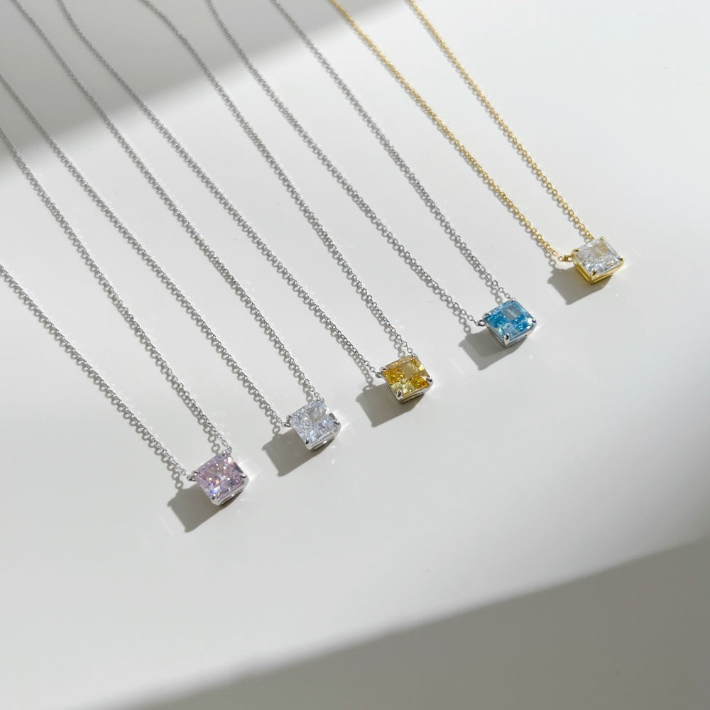 S925 Sterling Silver Ice Blossom Necklace with Square CZ Pendant