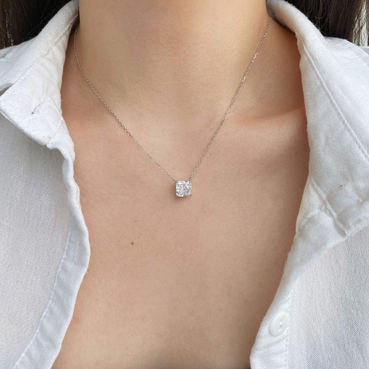 S925 Sterling Silver Ice Blossom Necklace with Square CZ Pendant
