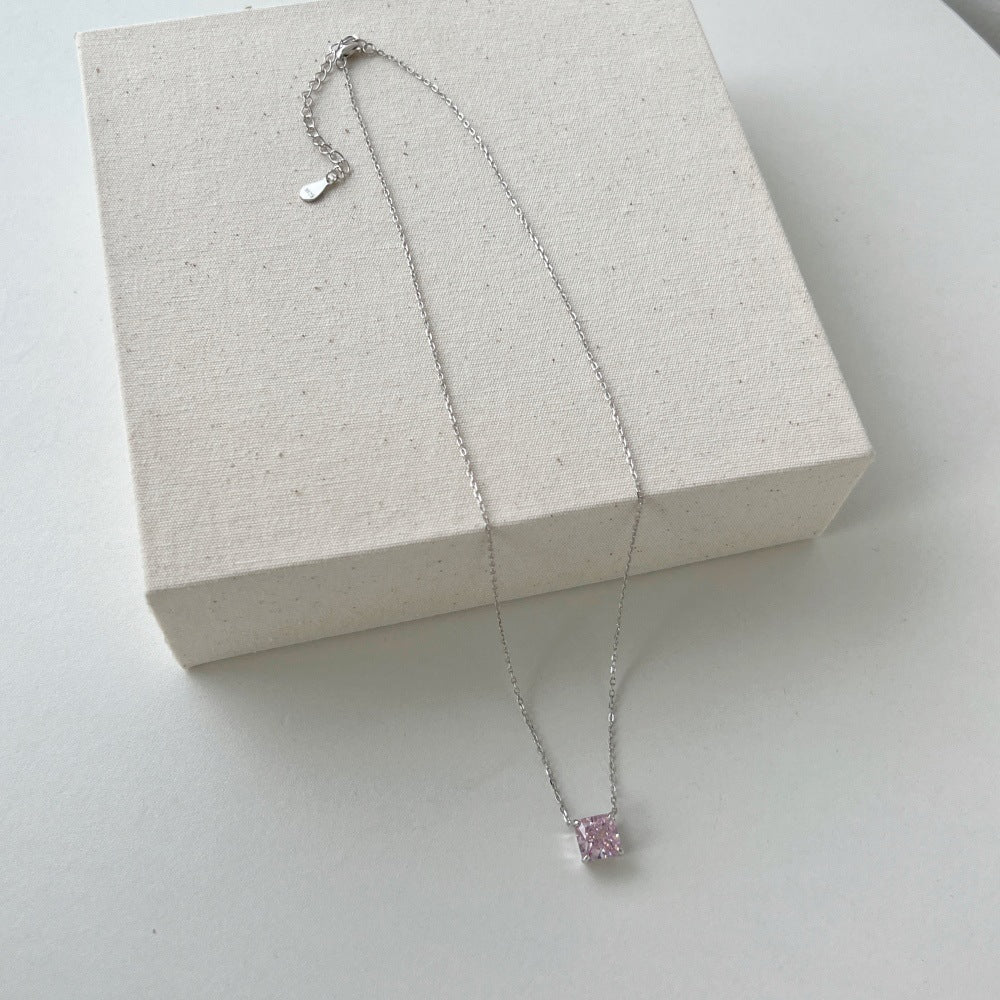 S925 Sterling Silver Ice Blossom Necklace with Square CZ Pendant