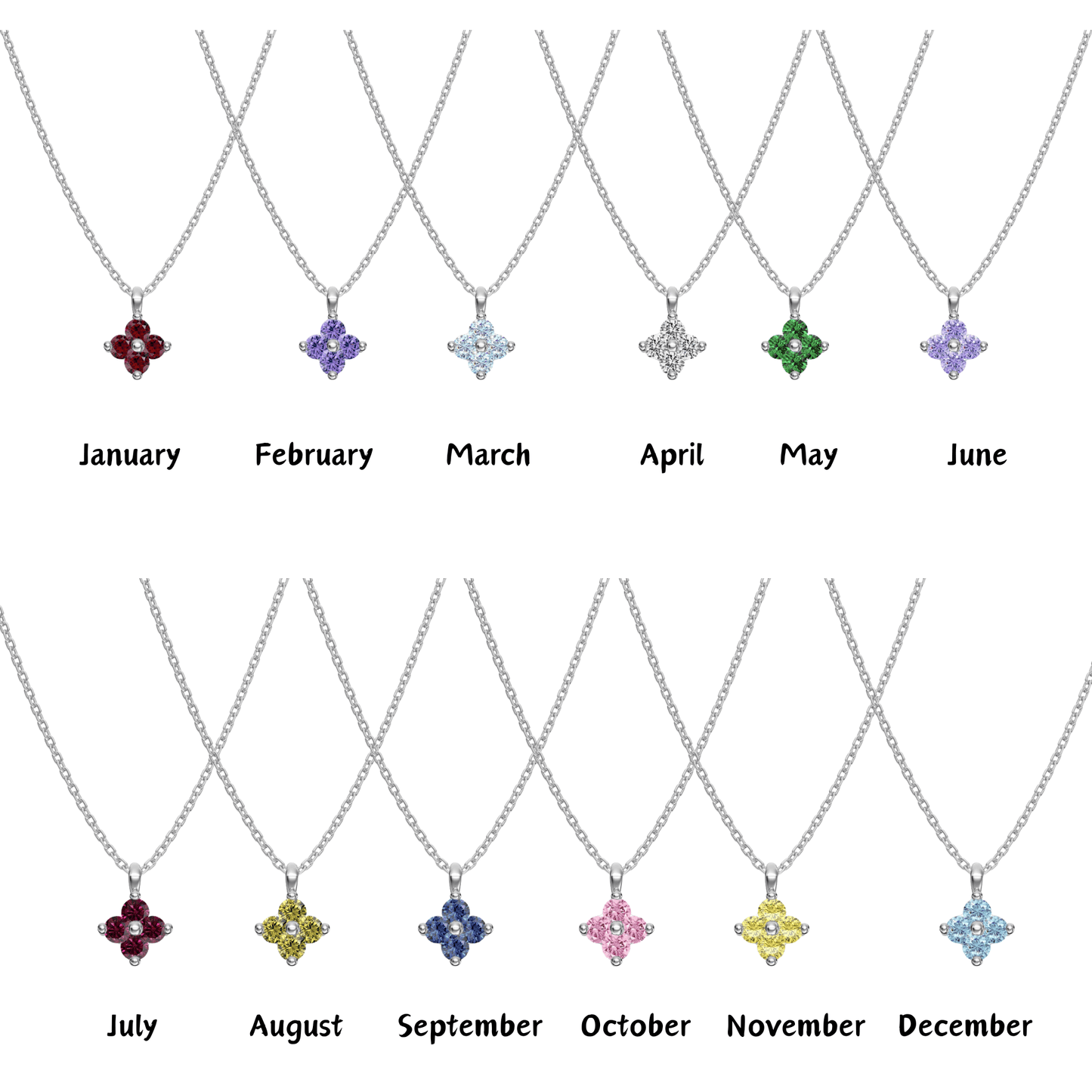 925 Sterling Silver Birthstone Clover Four Leaf Pendant Necklace Platinum Vermeil 12 Colors