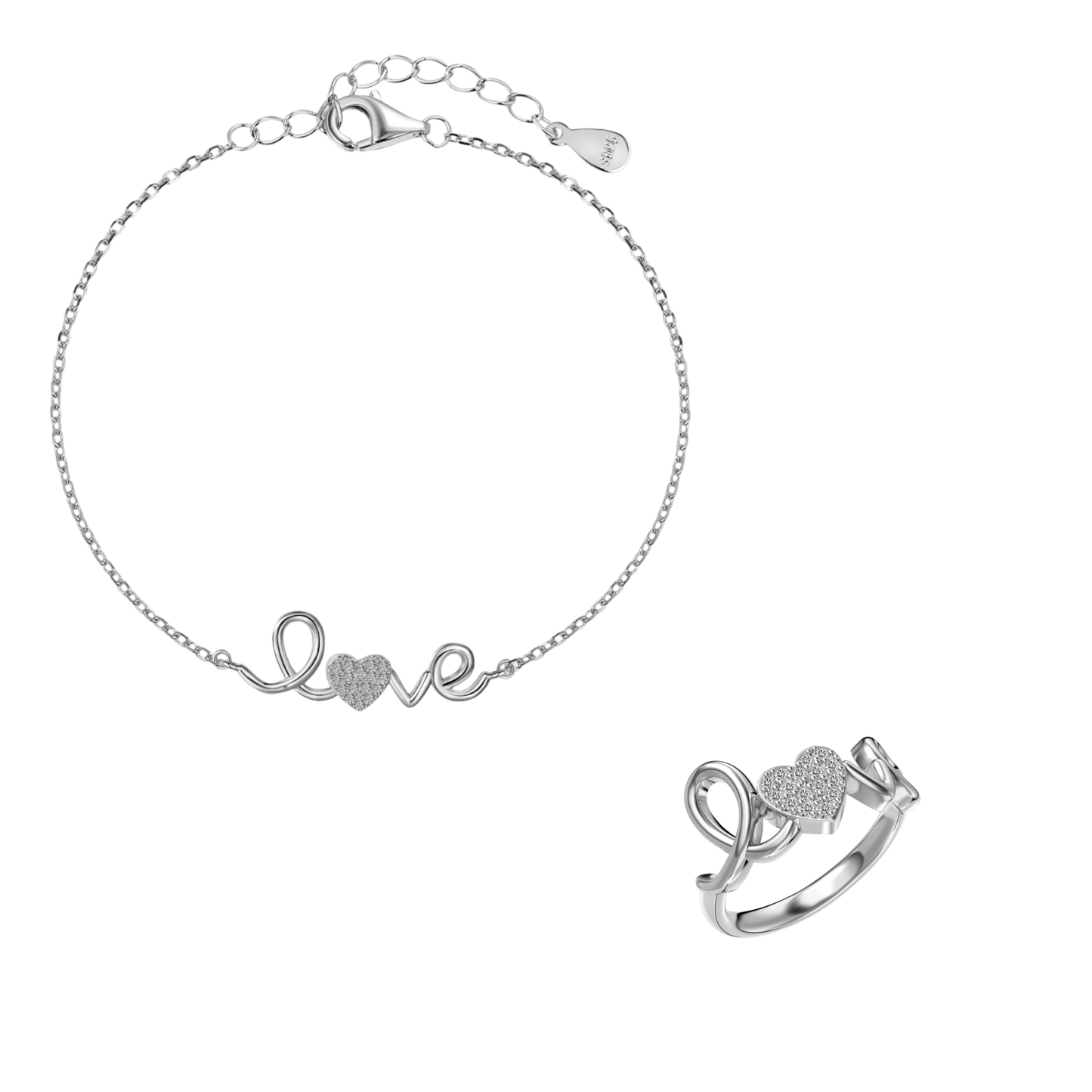 925 Sterling Silver Heart Script Ring and Bracelet Jewelry Set