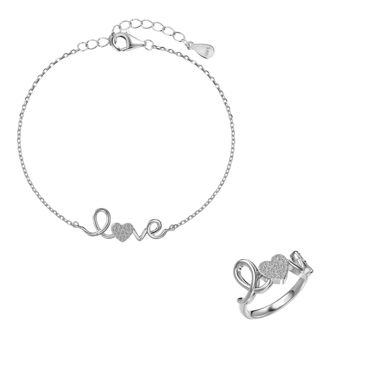 925 Sterling Silver Heart Script Ring and Bracelet Jewelry Set