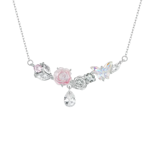 Blossom Flutter Butterfly Rose Necklace 925 Sterling Silver
