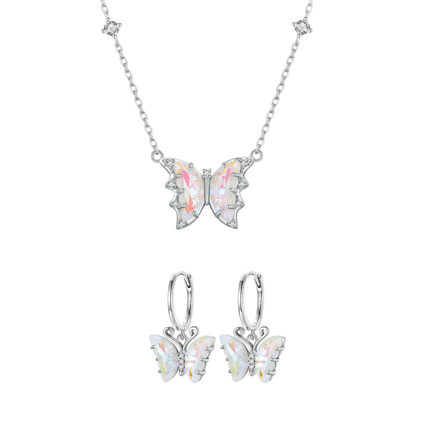 925 Sterling Silver Iridescent Butterfly Necklace and Earrings Set