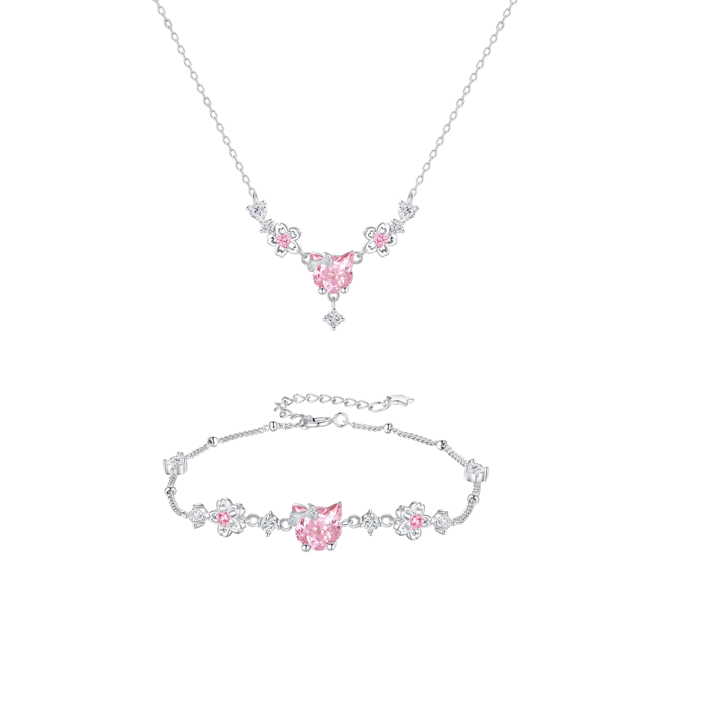 Sakura Whiskers Pink Cat Necklace & Bracelet Set in 925 Sterling Silver