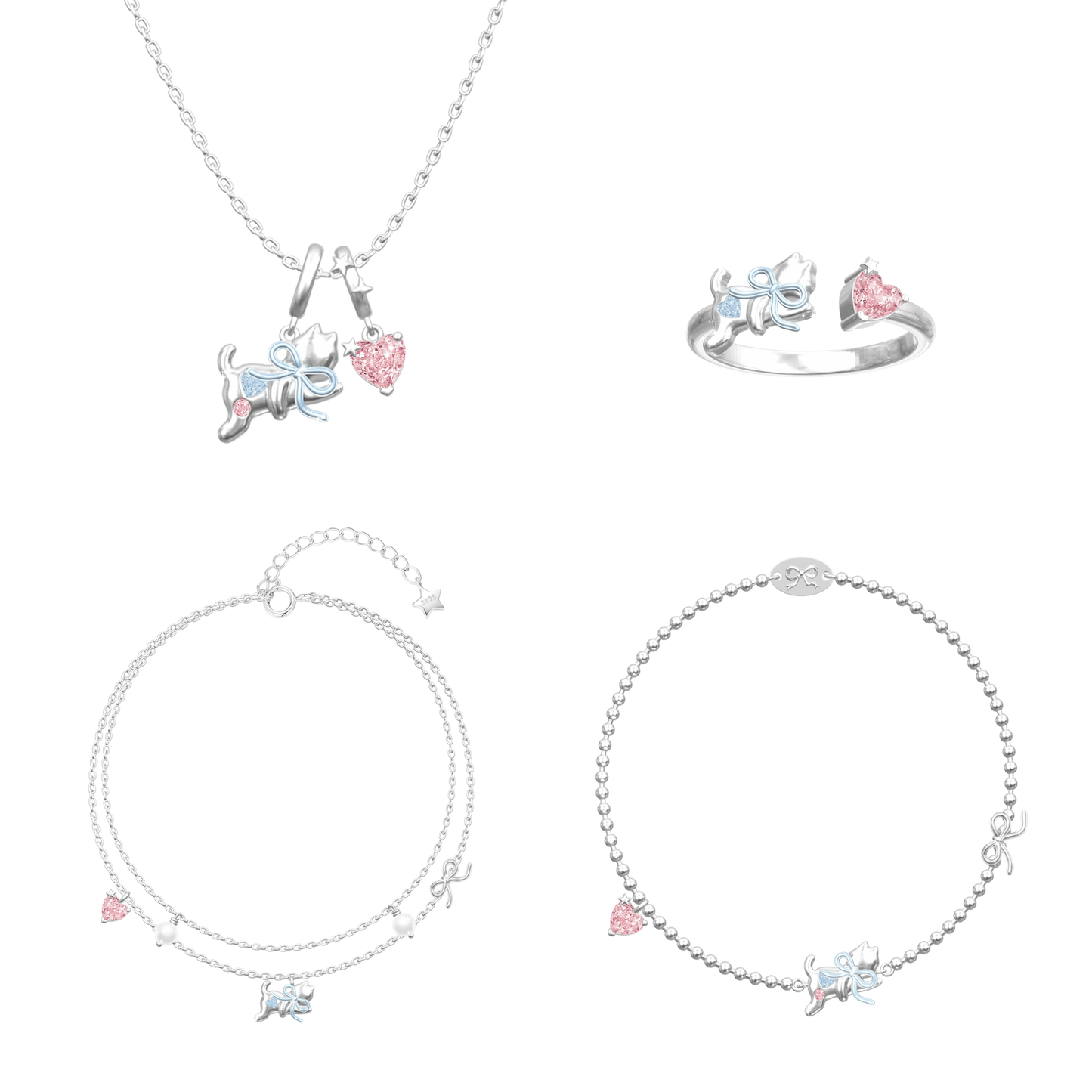 Dreamcatcher Kitty Cat Bow Heart Jewelry Set 925 Sterling Silver
